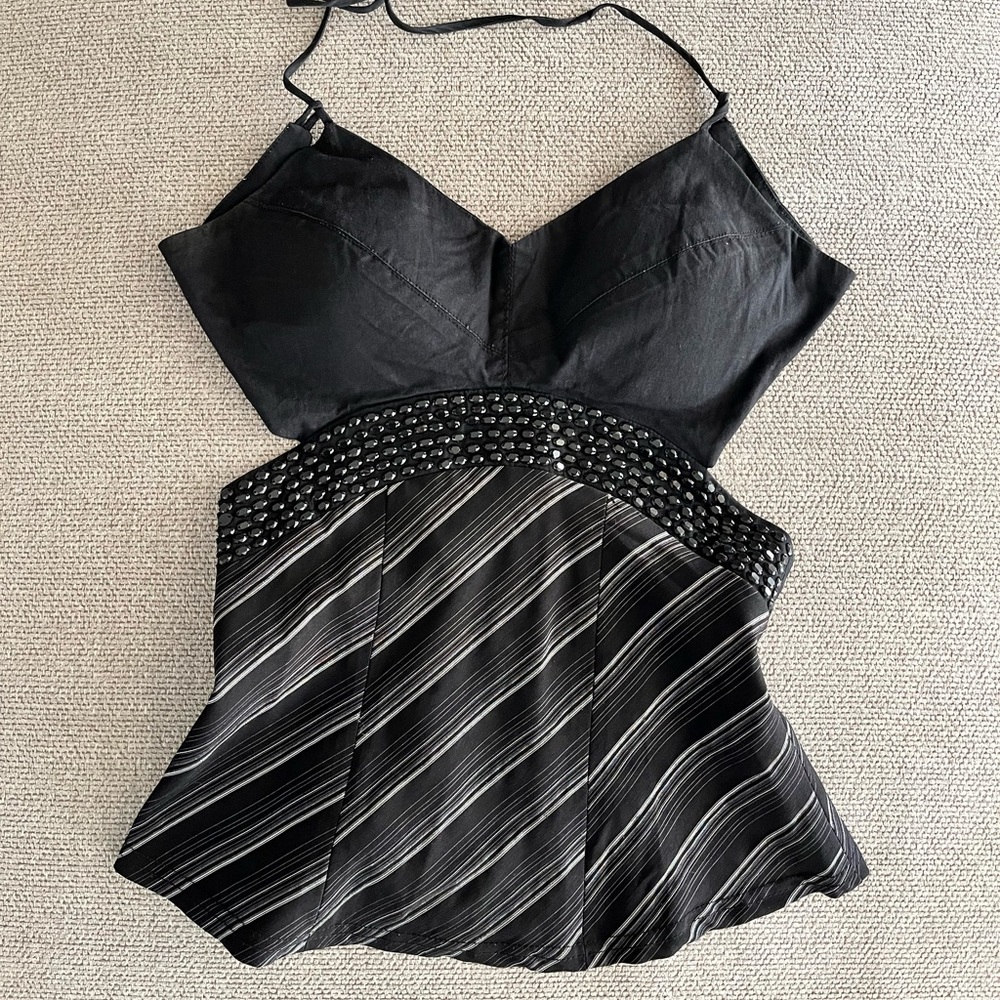 vintage brand pinstripe backless cami halter top w string and stud detailing